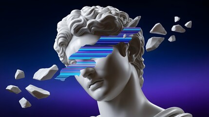 Ancient marble statue disintegrating into digital shards