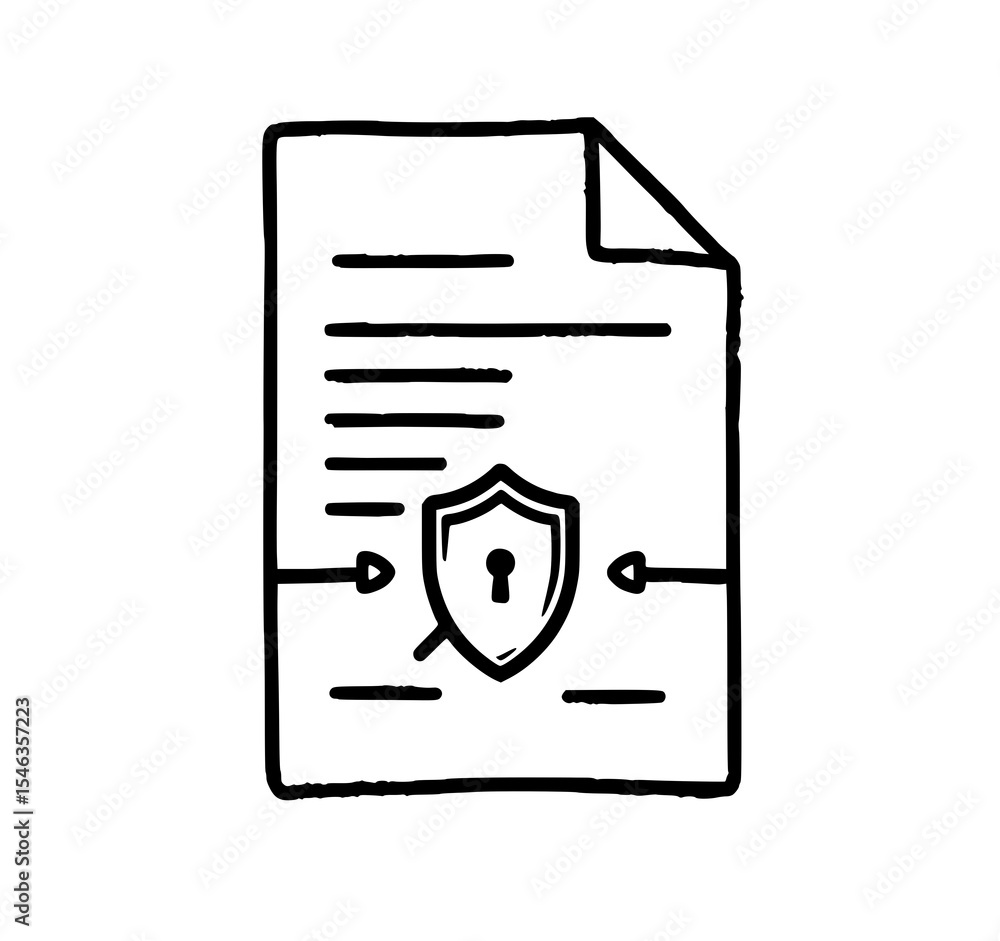 Poster secure document: a hand-drawn line art illustration depicts a document protected by a shield and loc