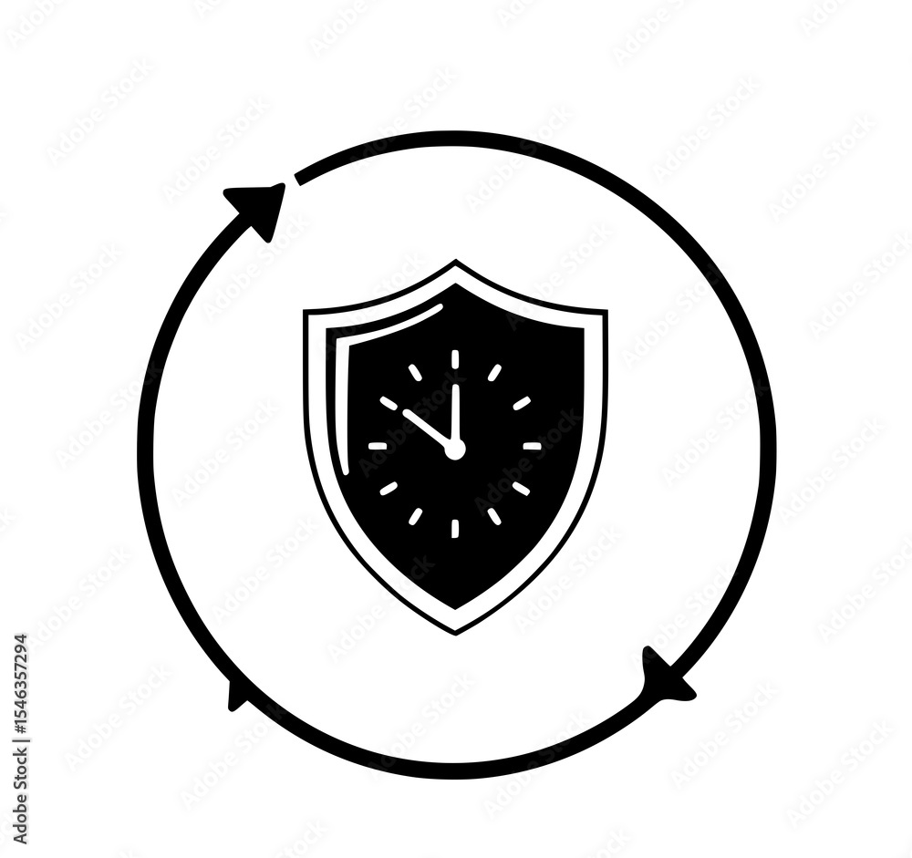 Poster timely protection: a bold black and white vector illustration depicts a clock inside a shield, encir