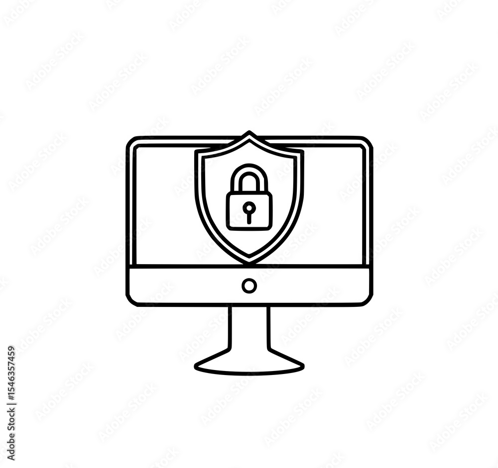 Poster computer security: a simple line art illustration depicts a computer monitor protected by a shield a