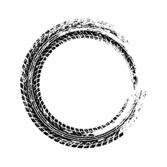 Grunge circle tire track, wheel braking mark. Truck, car or motorcycle tread pattern silhouettes. Auto race, motorsport, speed racing design element. Vector illustration