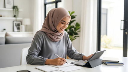 Asian Muslim woman planning monthly budget using tablet and notes in stylish home