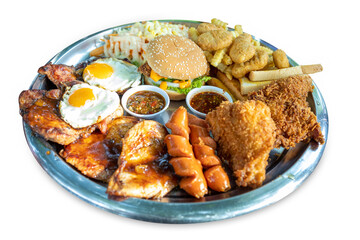 Top view of fried egg burger mix steak and sausage with sauce, focus selective