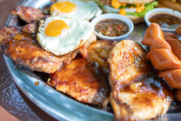 mix steak and sausage fried egg burger with sauce