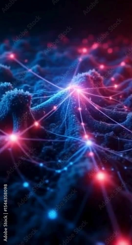 Poster abstract network landscape with glowing nodes and interconnected lines in blue and red