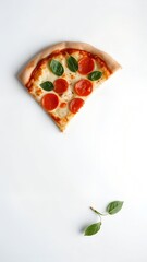 Minimalist Pepperoni Pizza Slice with Basil Leaves on a White Background
