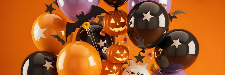 Festive halloween balloons and pumpkins decoration against an orange background ideal for holiday season celebrations