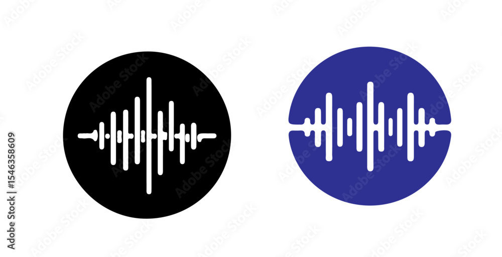 Poster two circular icons displaying waveform patterns in black and blue against a white background design 
