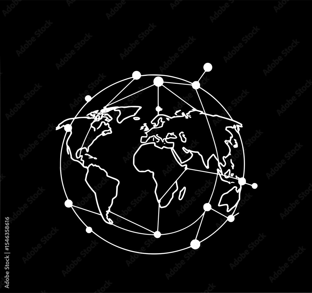 Poster global network: a minimalist line art illustration of the world map encased in a geometric network, 