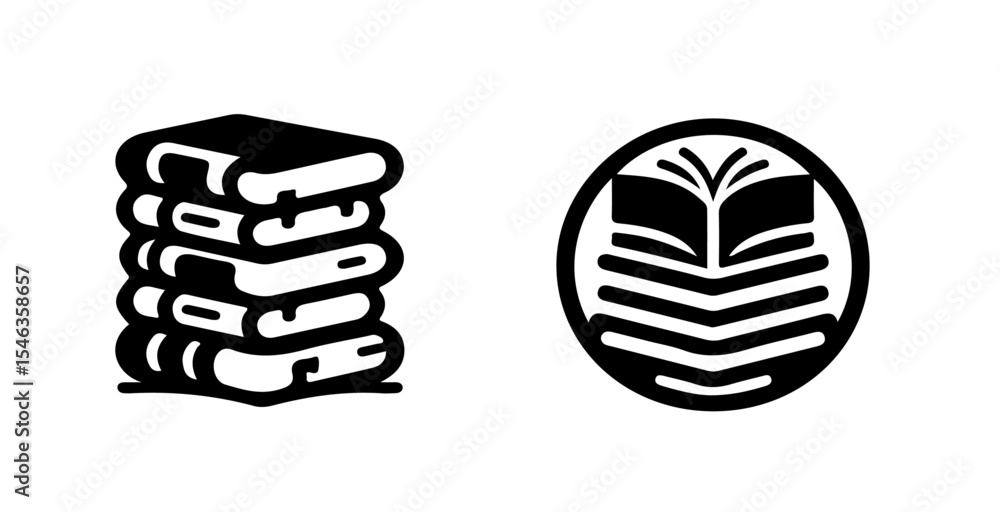 Poster a symbolic representation of stacked books and an open book inside a circle in black and white desig