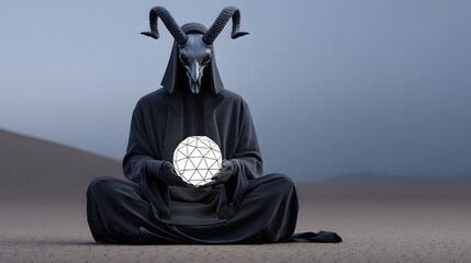 Mysterious robed figure holding illuminated geometric sphere in desert