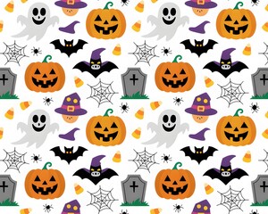 Festive halloween pattern with pumpkins ghosts bats and spiders on white background