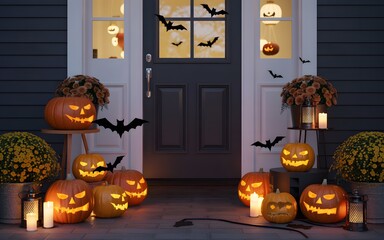 Obraz premium Festive halloween porch decoration with lit jack o lanterns and silhouette bats