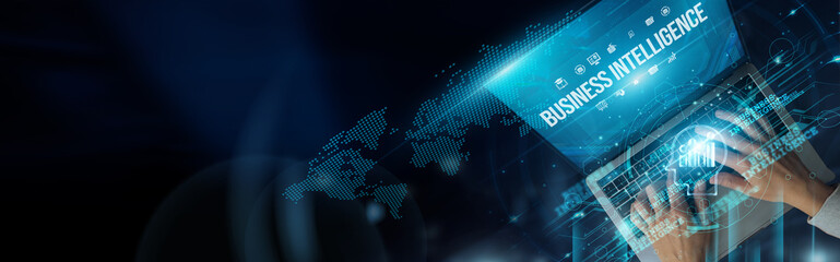 Businessman use laptop and Business Intelligence helps analyze data, improve decisions, identify...