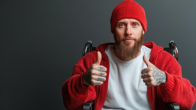 A joyful man in a wheelchair wearing a red beanie and sweater gives a thumbs up, embodying positivity and resilience in the face of challenges, against a neutral backdrop.