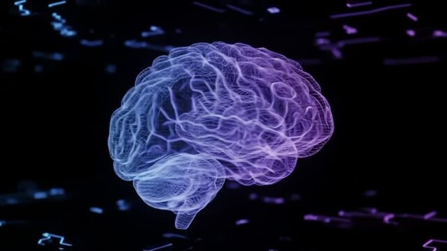 Glowing rotating AI brain wireframe animation in sci-fi digital space with neon purple and blue futuristic lights