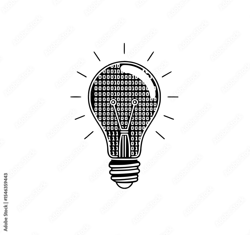 Poster binary lightbulb: a bold line art illustration depicts a lightbulb filled with binary code, radiatin