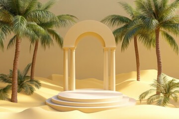 A serene, artistic rendering of an inviting architectural structure with a backdrop of palm trees, evokes tranquility and warmth in a desert oasis.