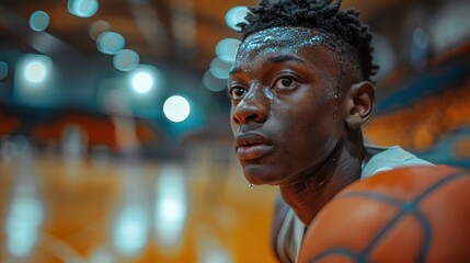 A young athlete, visibly focused and mentally preparing, sits with a basketball, emanating determination and the spirit of sportsmanship, highlighting the journey to success.