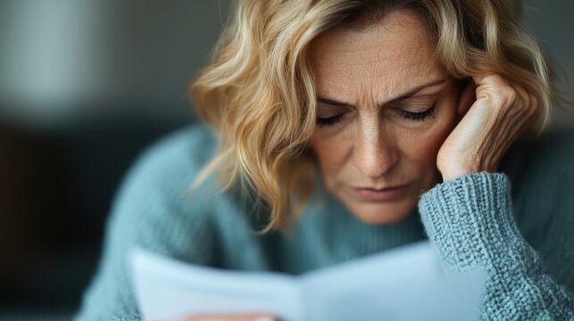A middle-aged woman with a concerned expression examines a document intently, capturing the emotions of contemplation and anxiety in a softly lit, intimate setting. - Powered by Adobe