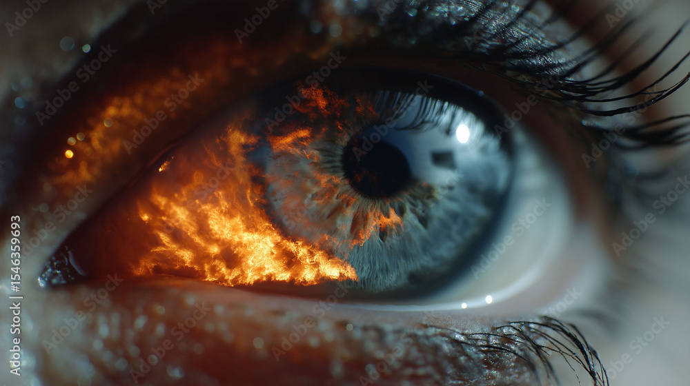 Aufkleber triggered emotion expression. close-up of an eye with fire reflection, evoking deep emotions.