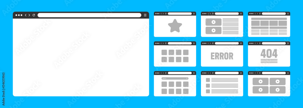 Fototapete Web browser window, pages layout with toolbar and search field. Modern website, internet page in flat style. Browser mockup for computer, tablet and smartphone. Adaptive UI. Vector illustration