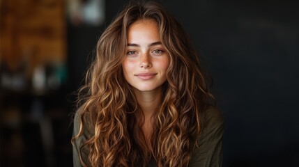 Fototapeta premium A captivating portrait of a young woman with long, curly hair, her natural beauty and stunning freckles shine in this warm and inviting composition, making it truly enchanting.