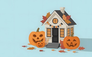 Halloween festivities scene with cheerful jack o lanterns and a festive house decor