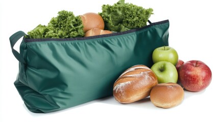 Fresh Green Lettuce and Apples in Reusable Shopping Bag with Bread on White Background