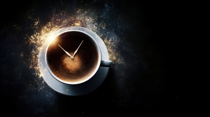 Coffee with Clock Displaying Time in a Dark and Mystical Background