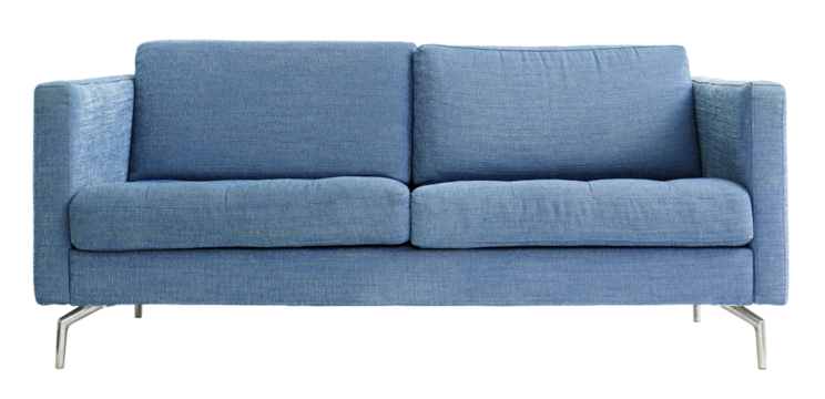 Blue modern sofa, living room furniture isolated on transparent background