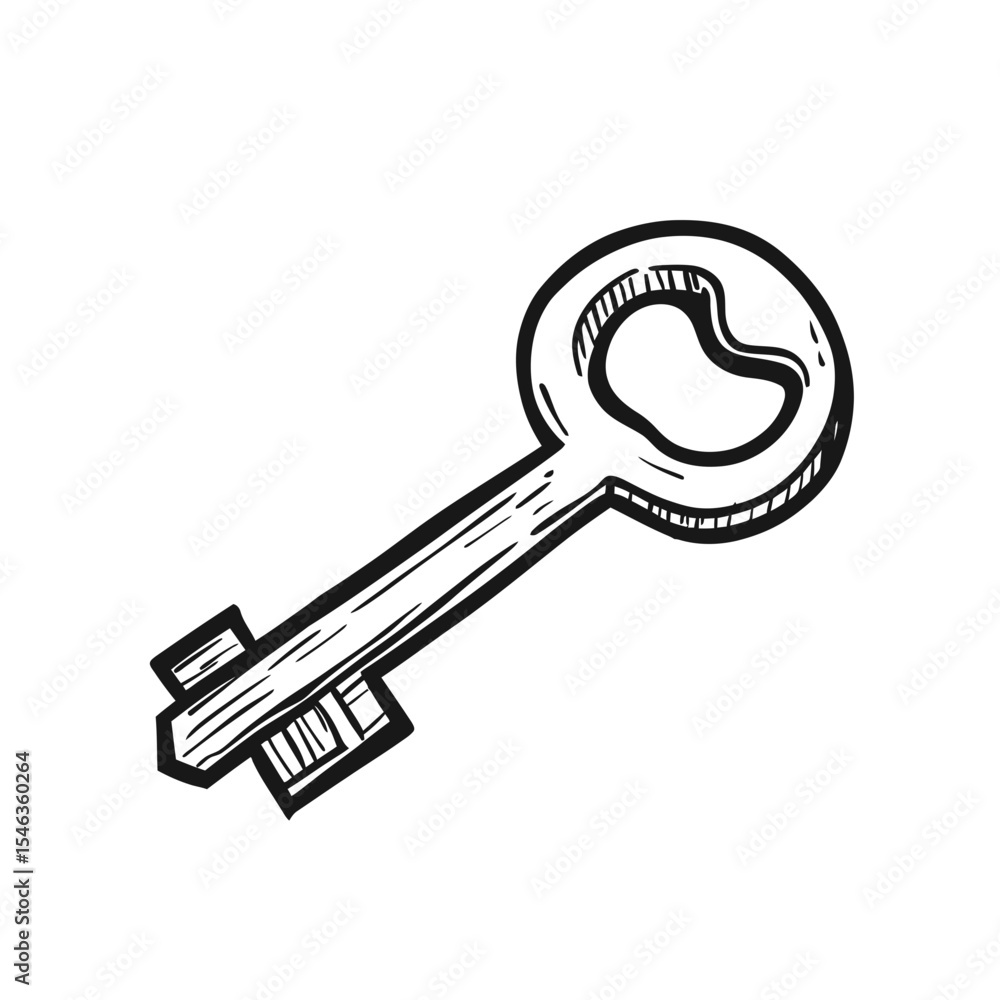 Poster hand drawn vintage skeleton key illustration with simple line art style isolated on white background