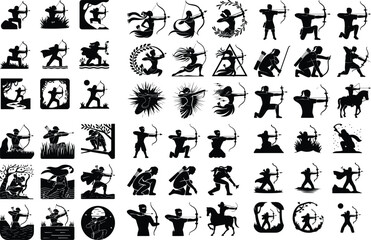 Silhouette of Archery Pose – Bow and Arrow Icon Collection Archer Aiming Bow Icon Silhouette Set – Precision and Focus Design Pack