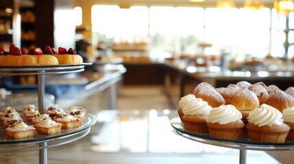 Freshly Baked Pastries and Cupcakes Displayed in Modern Cafe Interior