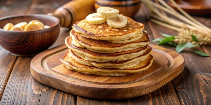 Fluffy banana pancakes made with oats and eggs on a wooden plate