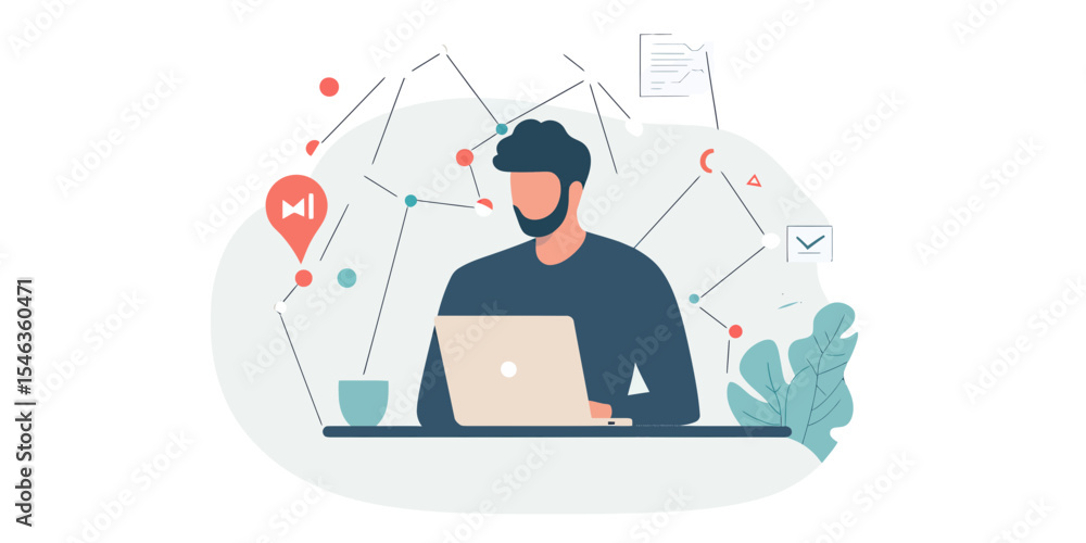 Poster man working on laptop with wireless connection digital network icons business communication online t