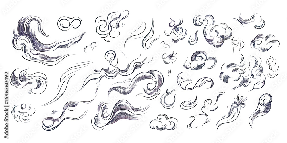 Poster hand drawn abstract wind swirl doodles set vector illustration with various air flow motion lines an