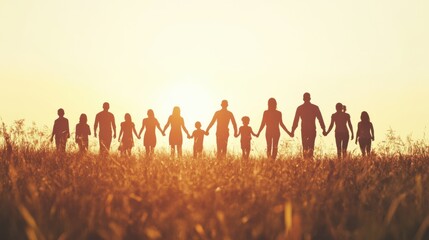 Family and Friends United at Sunset Holding Hands in a Silhouette Against a Horizon