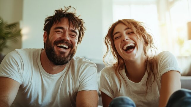 A joyful couple enjoying a moment of laughter, embodying happiness and togetherness in a cozy home setting with natural light highlighting their candid expressions. - Powered by Adobe