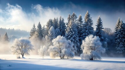 Fototapeta premium Frosty landscape with snow-covered trees and a misty foggy atmosphere on a black background