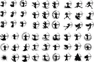 Naklejka premium Silhouette of Archery Pose – Bow and Arrow Icon Collection Archer Aiming Bow Icon Silhouette Set – Precision and Focus Design Pack