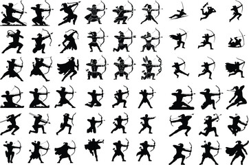 Naklejka premium Silhouette of Archery Pose – Bow and Arrow Icon Collection Archer Aiming Bow Icon Silhouette Set – Precision and Focus Design Pack