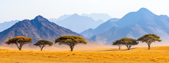 Expansive Desert Landscape with Silhouetted Trees and Majestic Mountain Range