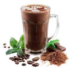 Highquality detailed image of brown smoothie in mug with mint leaves and cocoa powder on white background