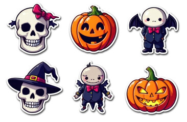 Halloween. Set of Halloween elements: pumpkins, castle, candle, bat, candy, ghost, grave, skull, spider, cat, scary, hat, moon, pot, crow, fence, cupcake, spiderweb, eye, poison, owl, book.