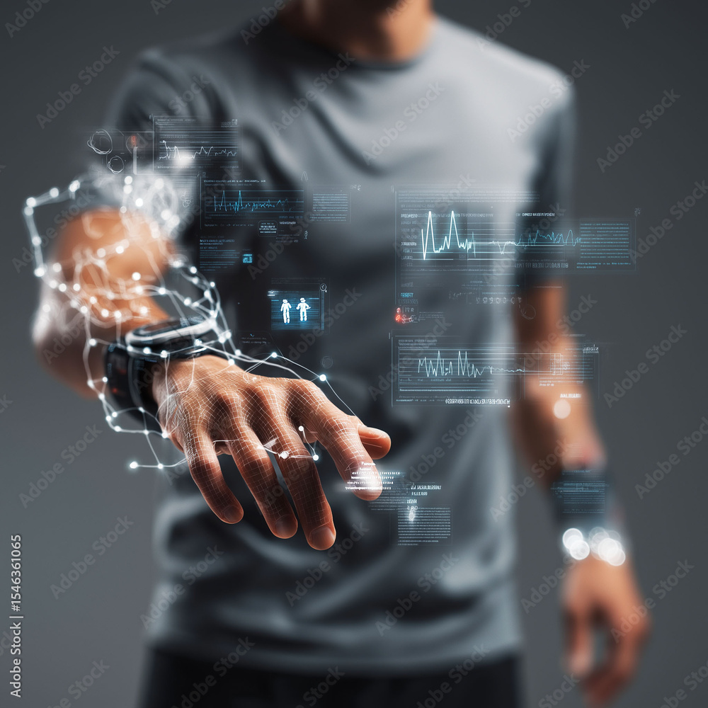 Poster biohacking self-optimization innovation. wearable technology for health monitoring interface
