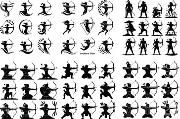 Silhouette of Archery Pose – Bow and Arrow Icon Collection Archer Aiming Bow Icon Silhouette Set – Precision and Focus Design Pack