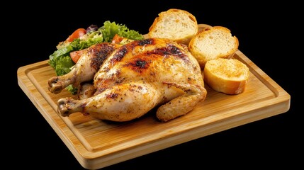 Juicy Roast Chicken with Fresh Salad and Toasted Bread on Cutting Board