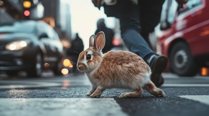 A charming rabbit navigates across a bustling street, showcasing the unexpected intersection of nature and urban life in an intriguing city environment.