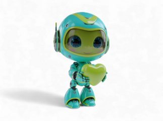 Adorable robot holding a heart cute ai character green and teal, Isolated On White, Png Transparent